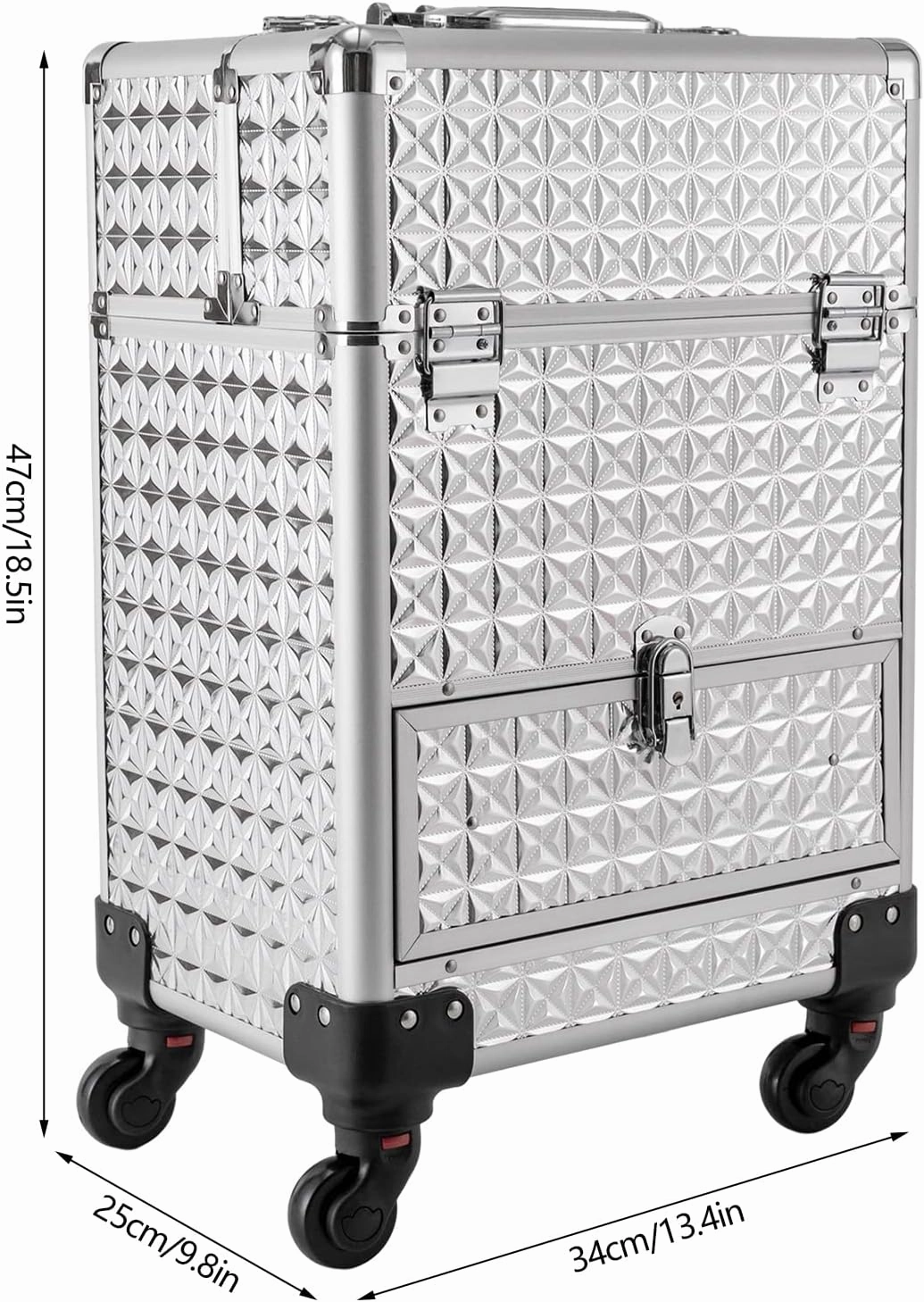 Rolling Makeup Train Case Cosmetic Trolley 3 Tier Cosmetic Organizer with Removable Wheels Salon Barber Case for Makeup Artist Tattooist Nail Tech Hairstylists (Aluminum Alloy, Silver)