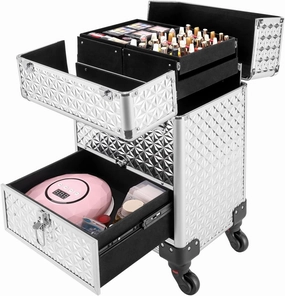 Rolling Makeup Train Case Cosmetic Trolley 3 Tier Cosmetic Organizer with Removable Wheels Salon Barber Case for Makeup Artist Tattooist Nail Tech Hairstylists (Aluminum Alloy, Silver)