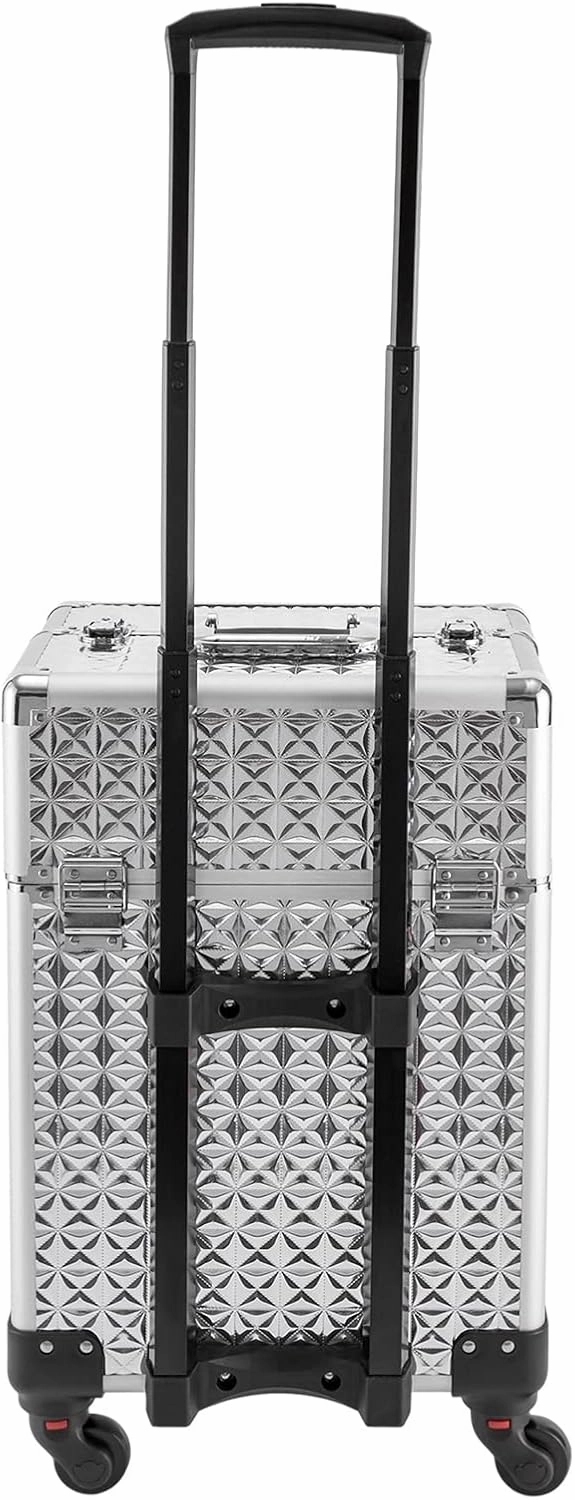 Rolling Makeup Train Case Cosmetic Trolley 3 Tier Cosmetic Organizer with Removable Wheels Salon Barber Case for Makeup Artist Tattooist Nail Tech Hairstylists (Aluminum Alloy, Silver)