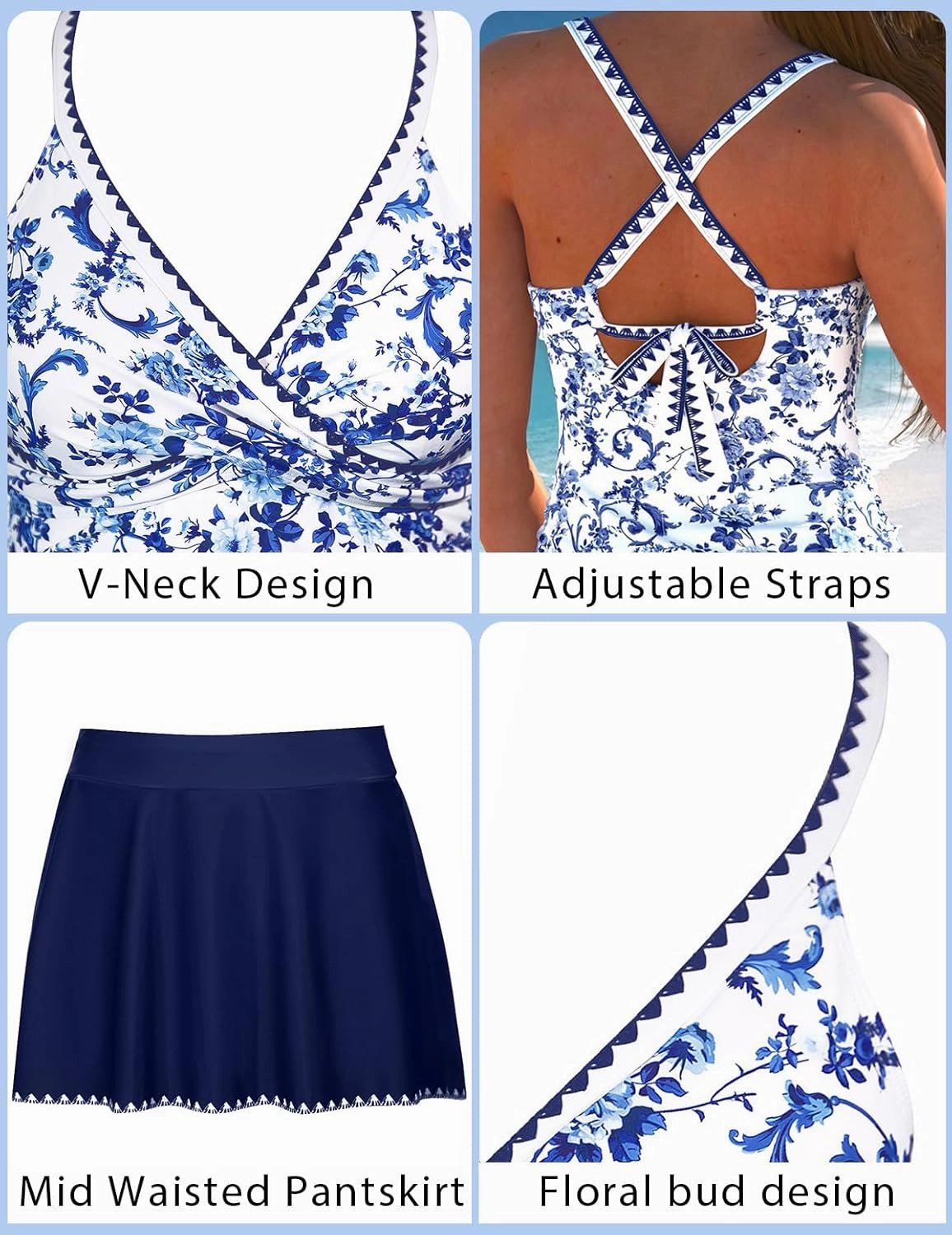 ROSEWE Two Piece Tankini Swimsuits for Women, Tummy Control Bathing Suit with Skirt, V-Neck Swimdress