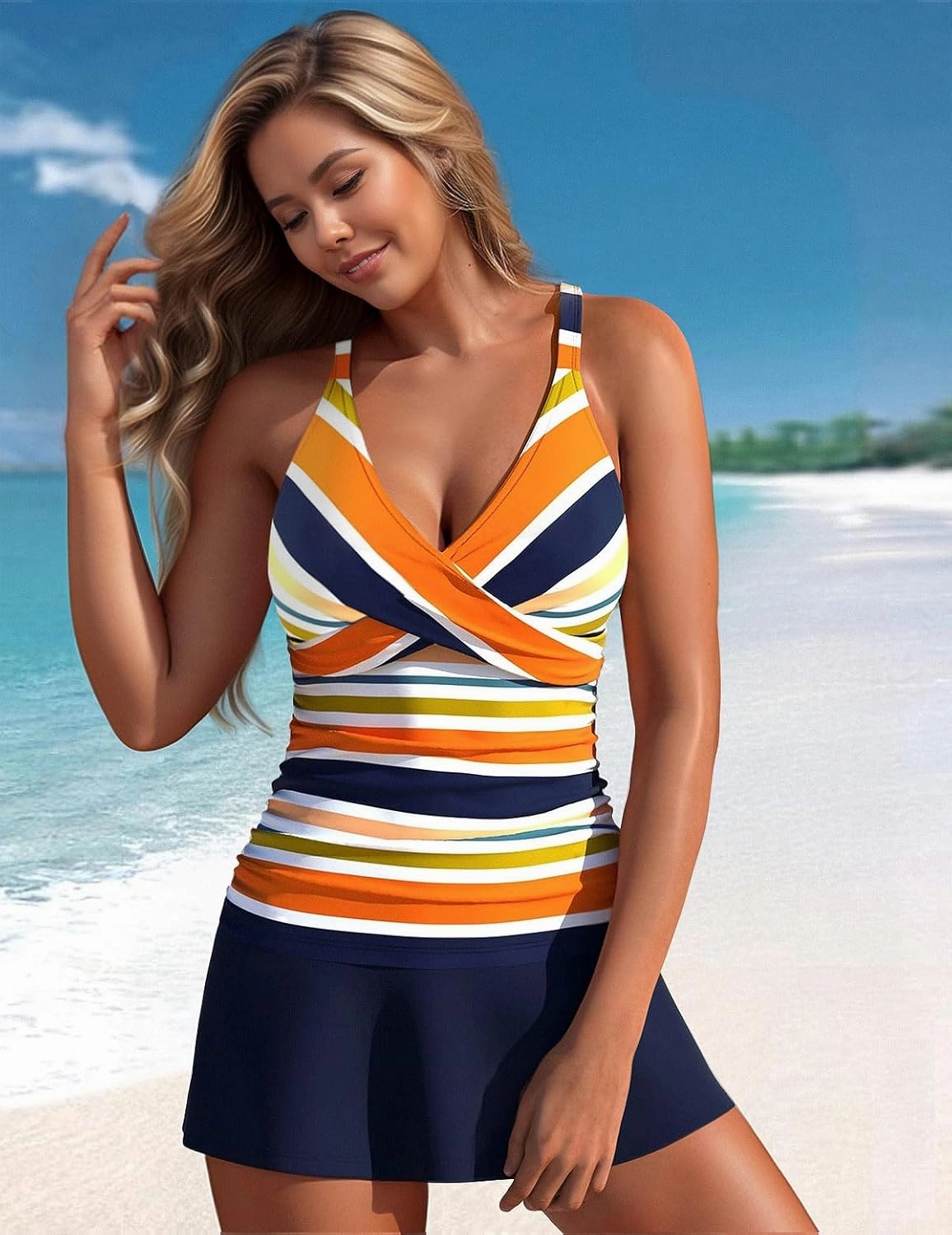 ROSEWE Two Piece Tankini Swimsuits for Women, Tummy Control Bathing Suit with Skirt, V-Neck Swimdress