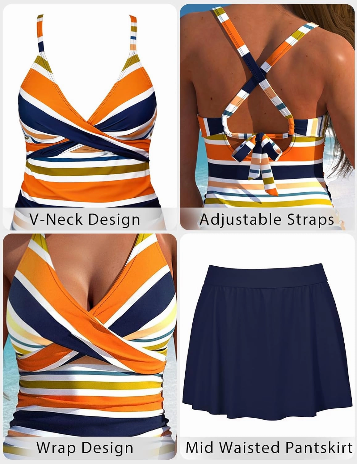 ROSEWE Two Piece Tankini Swimsuits for Women, Tummy Control Bathing Suit with Skirt, V-Neck Swimdress