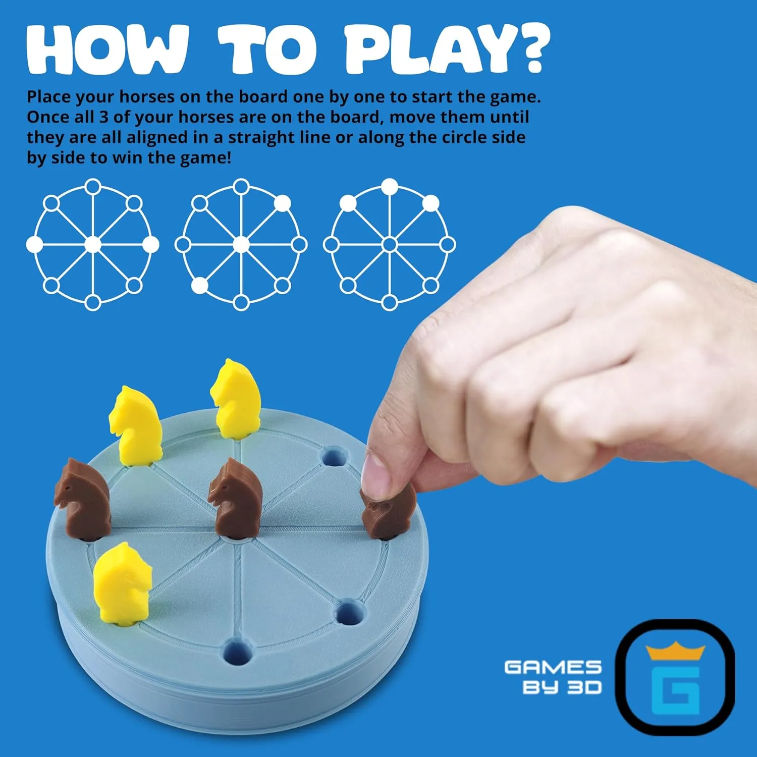 ROTA Game, Tic-Tac-Toe Game with Never a Tie, A Winner in Every Round, Ancient Roman Strategy Game, Portable 4" Board, Pockets or Purse-Size, with Horse Pieces, Made in USA (Blue)