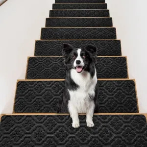 Rubber Non Slip Stair Treads for Wooden Steps Indoor, Reusable Stair Rugs for Elders Kids and Dogs, Machine Washable 8" X 30" (15-Pack)-Petal Black