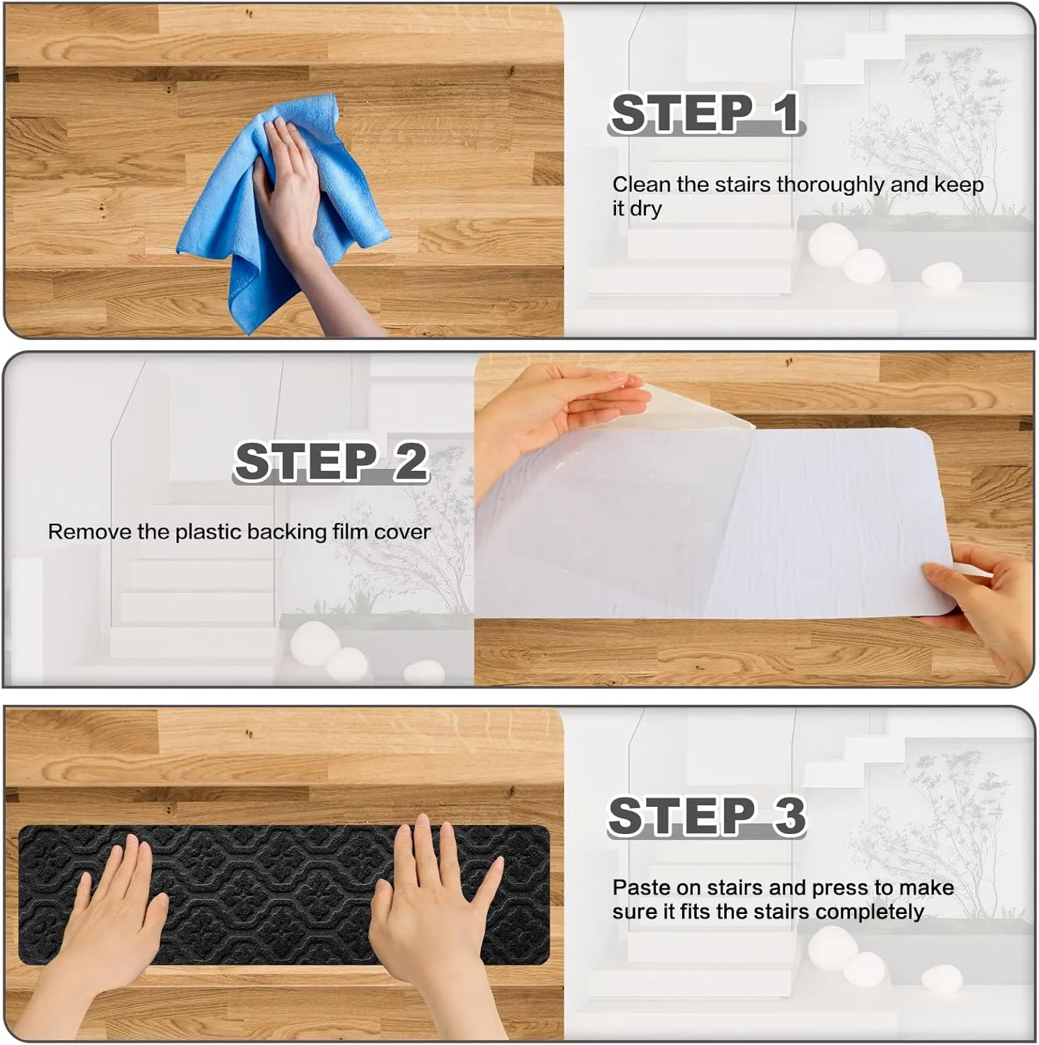 Rubber Non Slip Stair Treads for Wooden Steps Indoor, Reusable Stair Rugs for Elders Kids and Dogs, Machine Washable 8" X 30" (15-Pack)-Petal Black