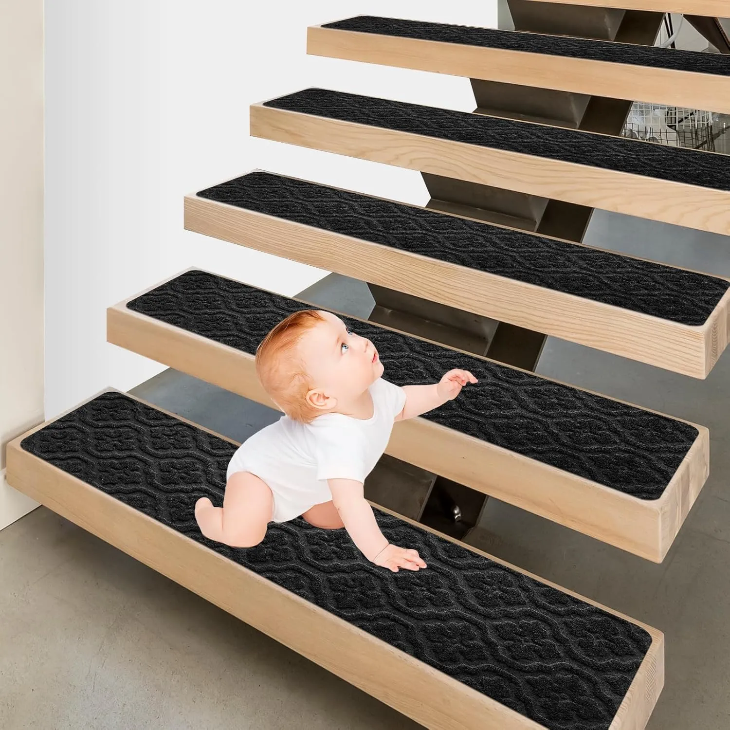 Rubber Non Slip Stair Treads for Wooden Steps Indoor, Reusable Stair Rugs for Elders Kids and Dogs, Machine Washable 8" X 30" (15-Pack)-Petal Black