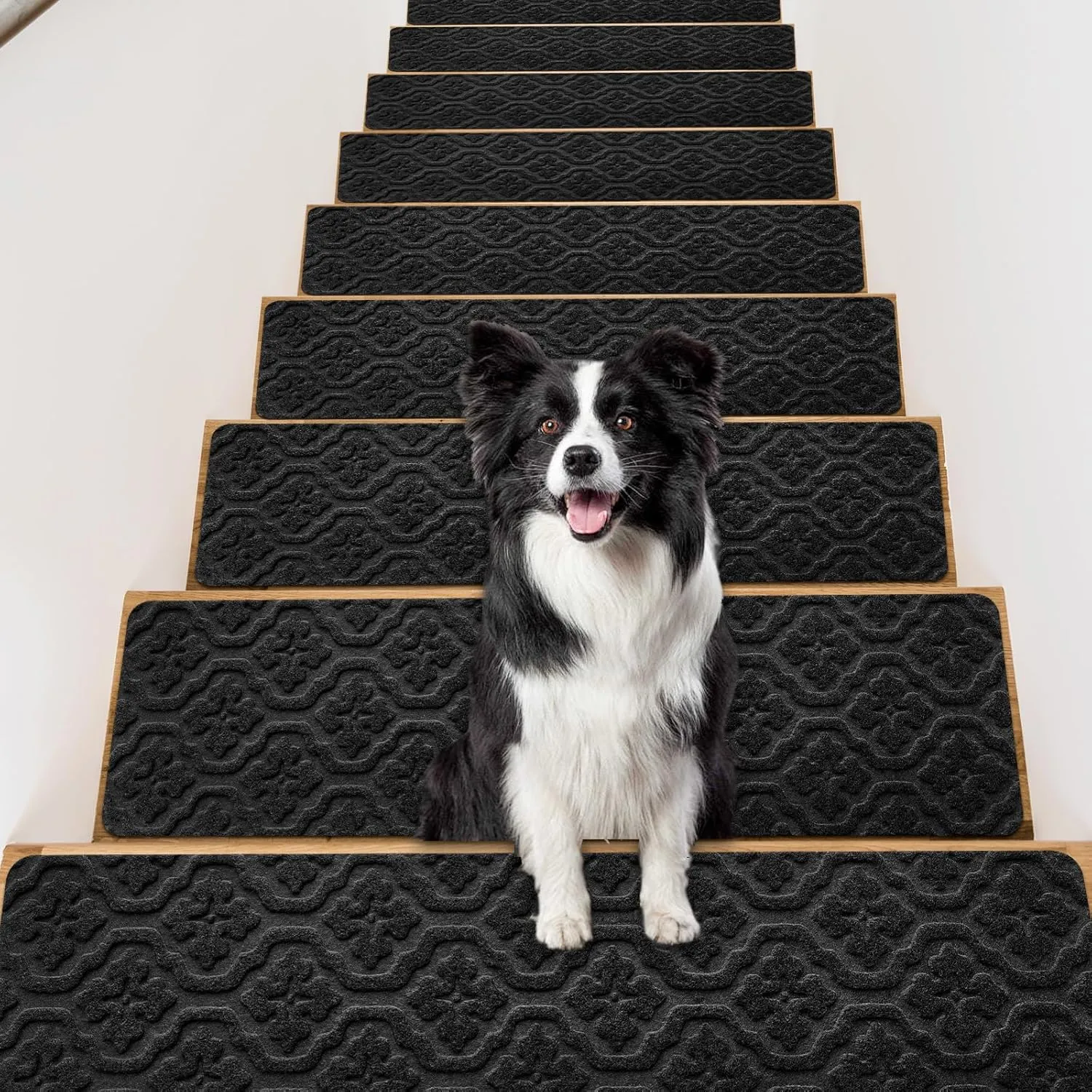 Rubber Non Slip Stair Treads for Wooden Steps Indoor, Reusable Stair Rugs for Elders Kids and Dogs, Machine Washable 8" X 30" (15-Pack)-Petal Black