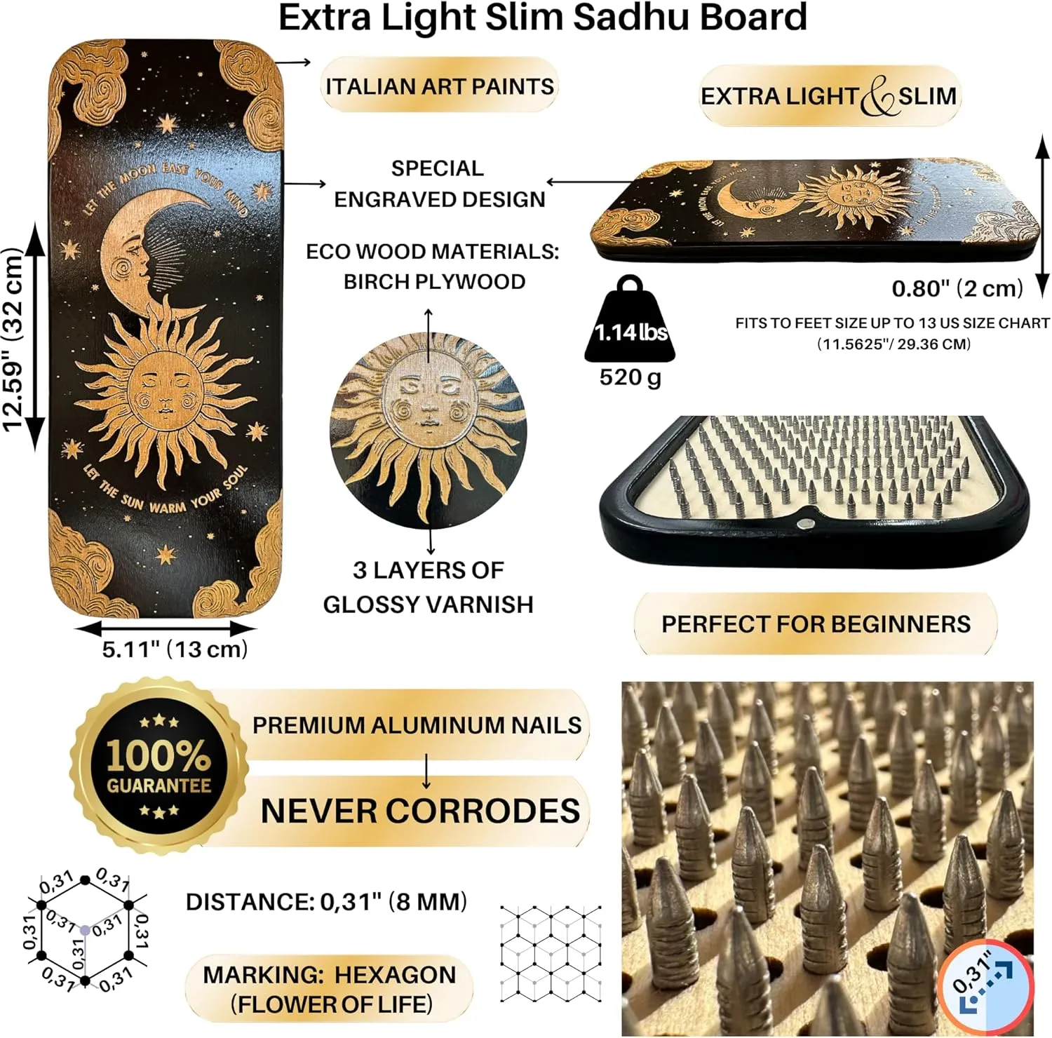 Sadhu Board, Beginners, Light Nail Board, 0.31 IN (8 mm), Hexagon, Premium Nails, Slim Sadhu Wood Board for Yoga, Acupuncture Foot Massage, Yoga Gift