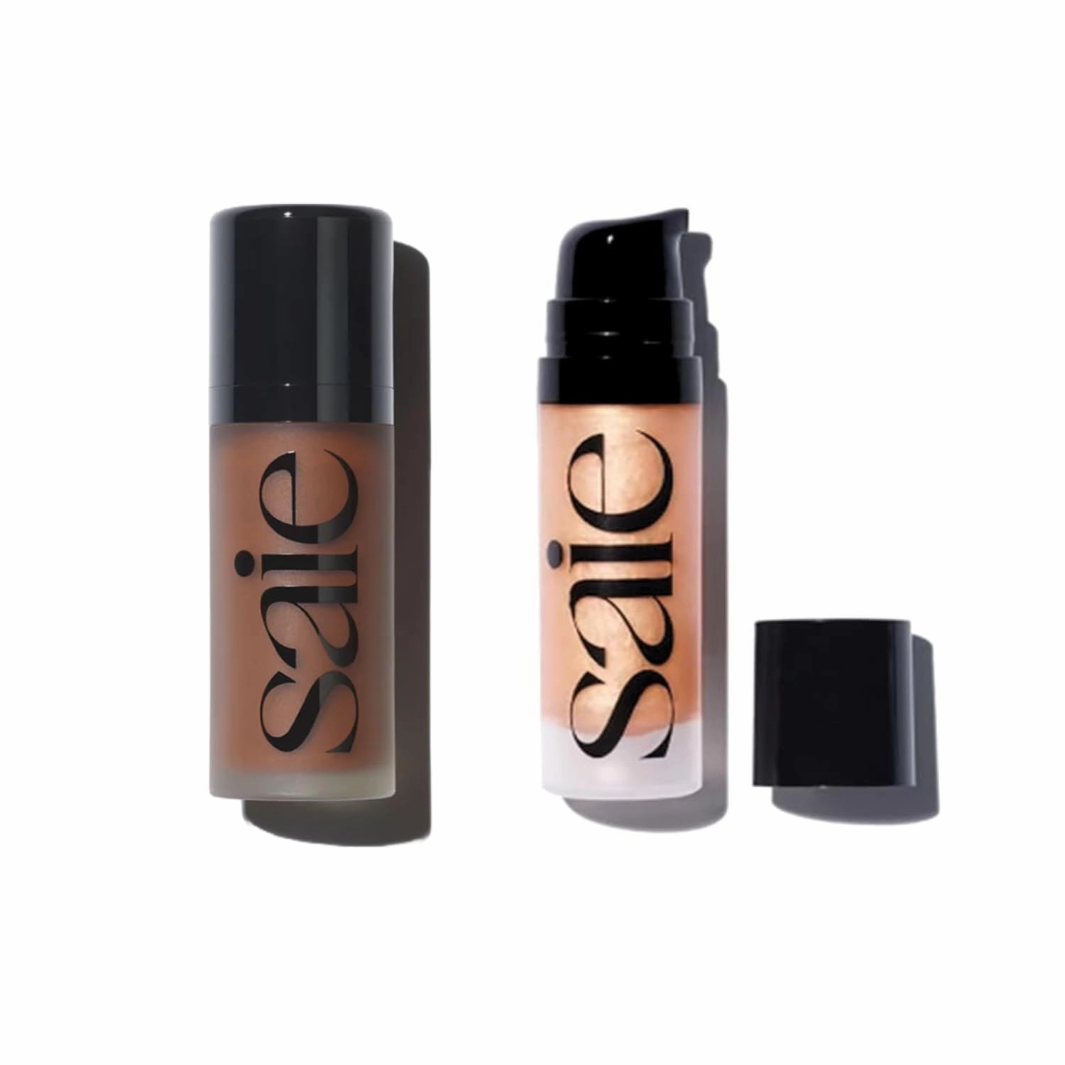 Saie Radiant Glow Duo - Dew Bronze Soft-Focus Liquid Bronzer in Stinson (0.4 oz) & Mini Glowy Super Gel Lightweight Illuminator in Sunglow (0.5 oz), Hydrating Makeup Essentials for a Sun-Kissed Glow