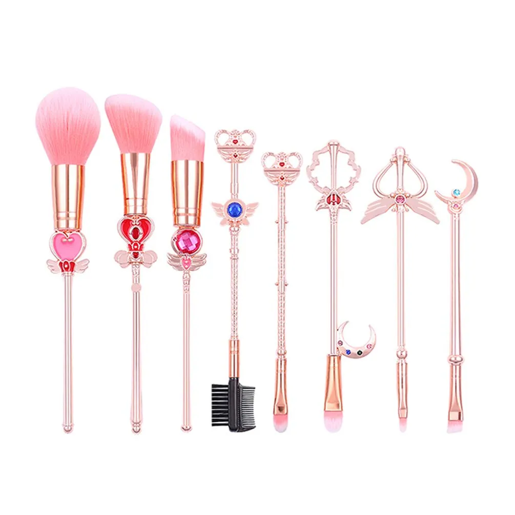 Sailormoon Makeup Brush Set w/Pouch - Rose Gold Cosmetic Brushes With Sailormoon Gems(MJ-155)