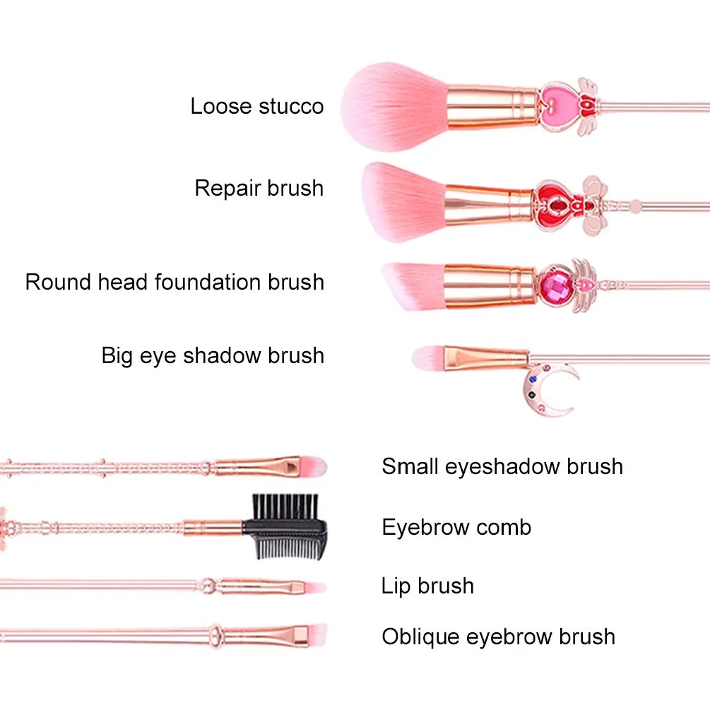 Sailormoon Makeup Brush Set w/Pouch - Rose Gold Cosmetic Brushes With Sailormoon Gems(MJ-155)