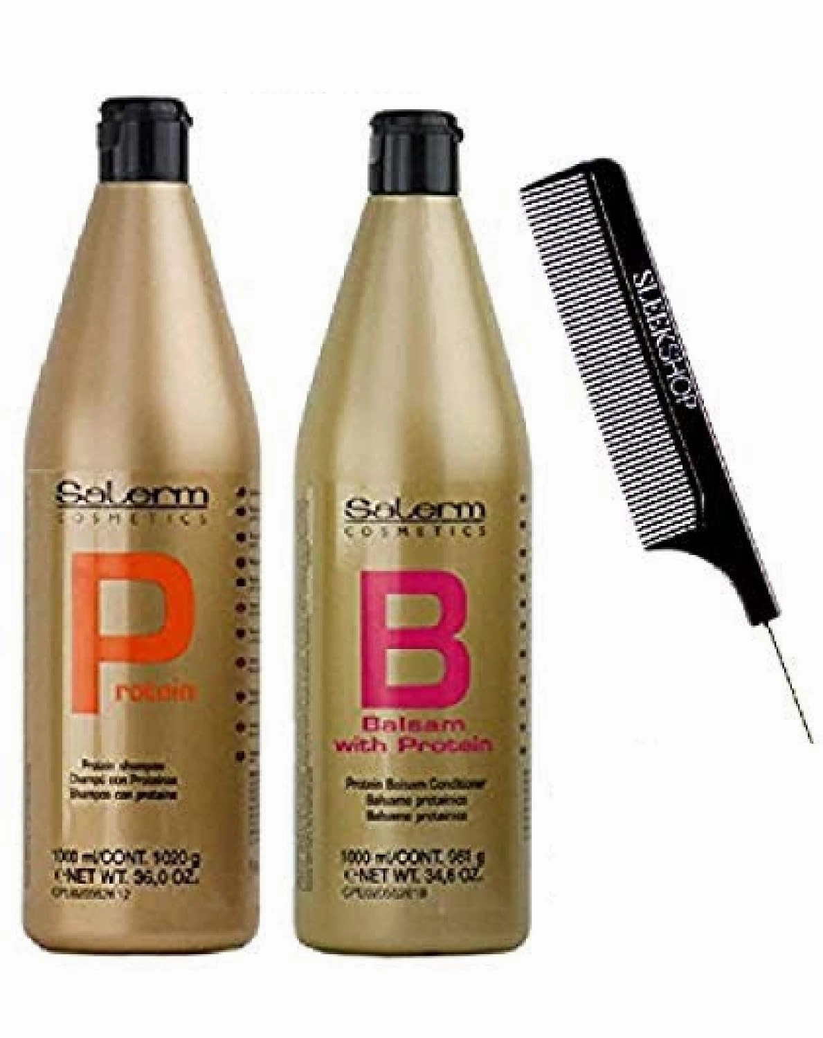 Salerm Cosmetics PROTEIN Shampoo & PROTEIN BALSAM Conditioner DUO Set (wtih Sleek Steel Pin Tail Comb) Keratin Silk Protein (36 oz   34.6 oz - XXL COMBO KIT)