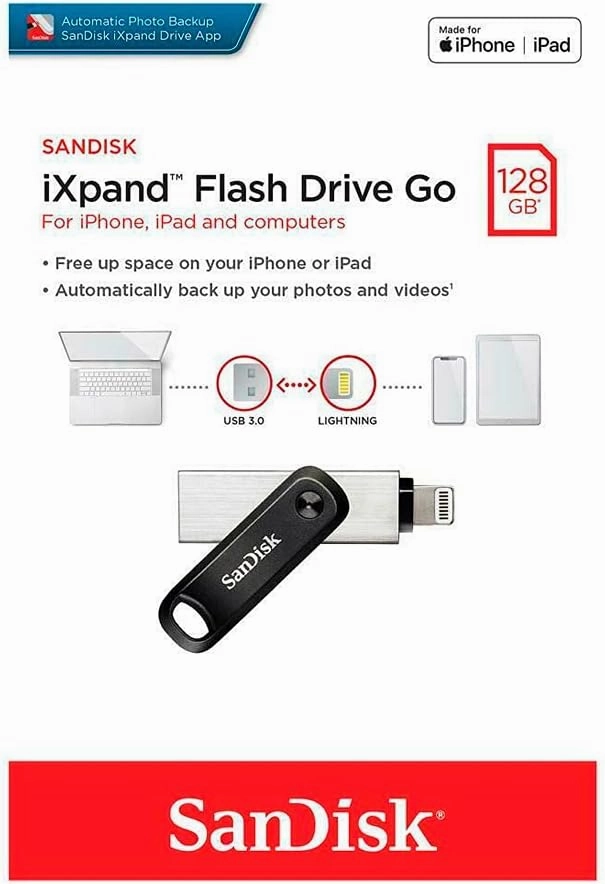 SanDisk 128GB iXpand Flash Drive Go for iPhone and iPad - SDIX60N-128G-GN6NE, Silver