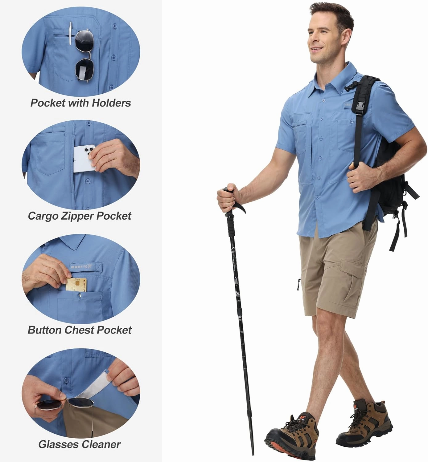 Satankud Men's Short Sleeve Lightweight Fishing Shirt UPF 50  Sun Protection Hiking Travel Work Button Down Shirt Zip Pocket