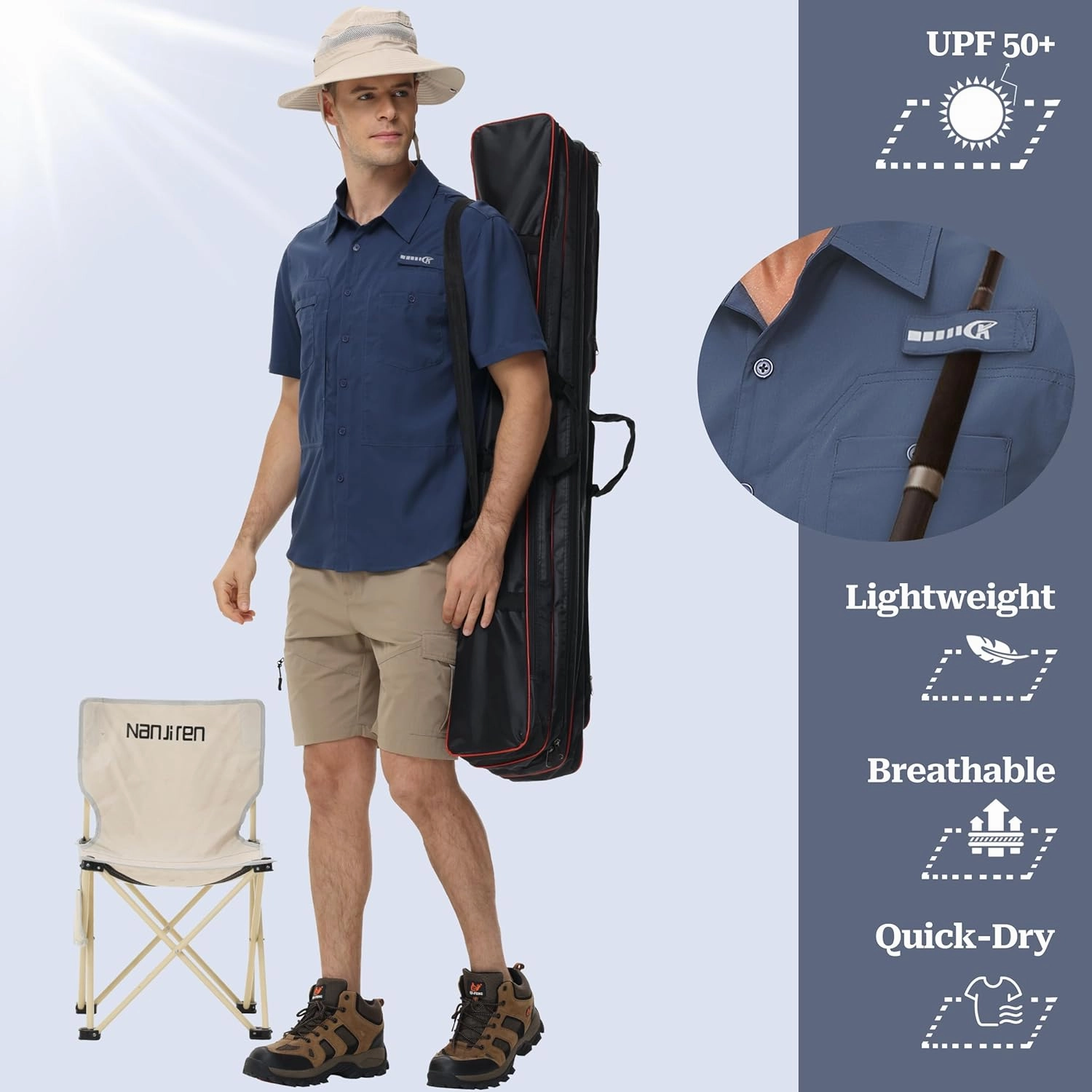 Satankud Men's Short Sleeve Lightweight Fishing Shirt UPF 50  Sun Protection Hiking Travel Work Button Down Shirt Zip Pocket
