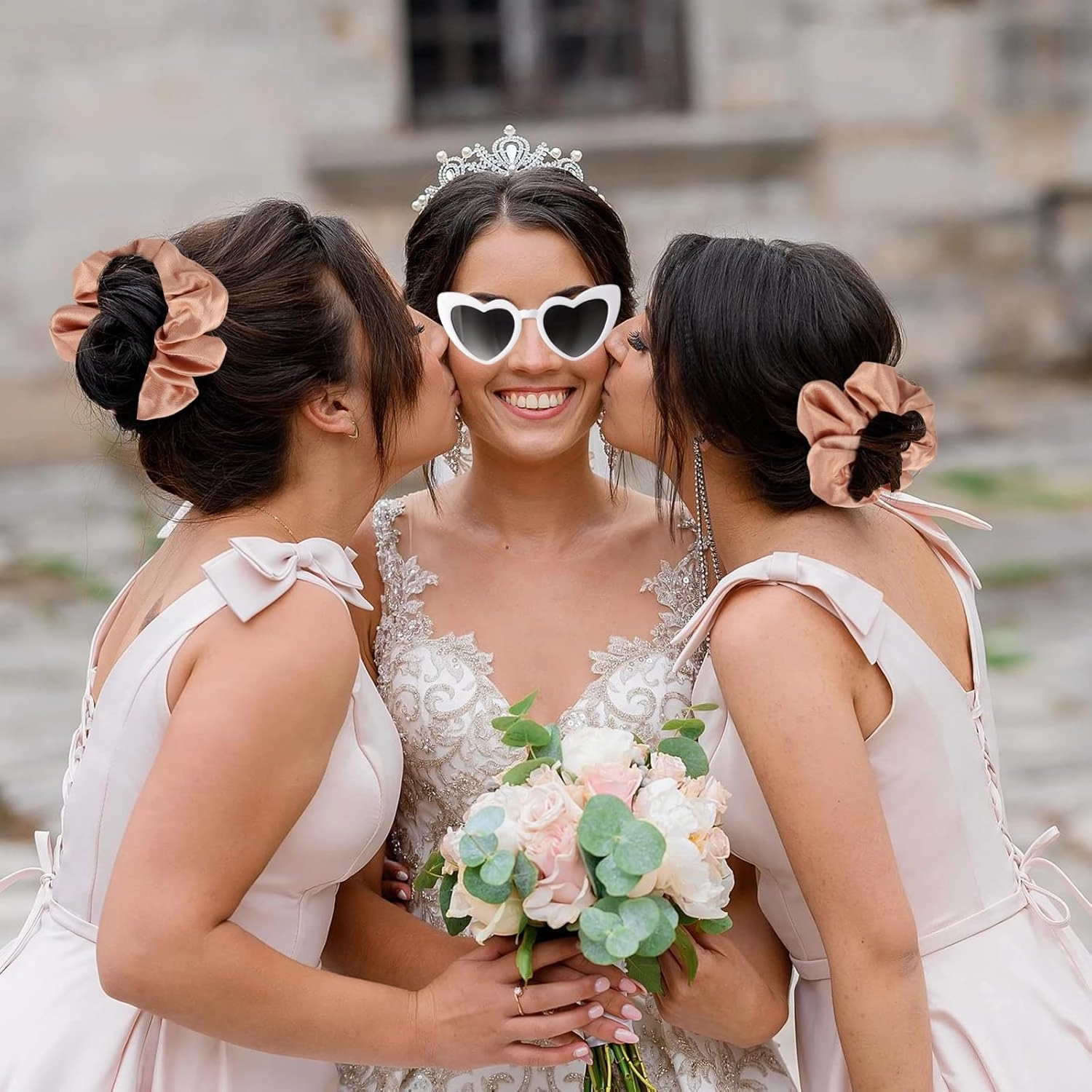 Satin Bridesmaid Scrunchies Bachelorette Hair Ties Set of 8 sunglasses Bridal Shower No Damage Hairties ideas Gift for Wedding Party Favors Bridesmaid Proposal Gifts (White & Dusty Blue)