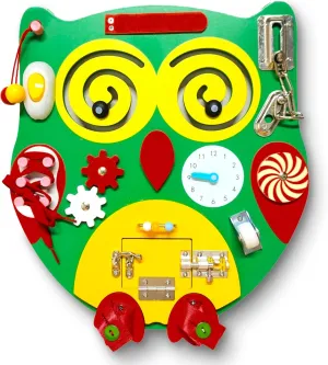 SENSORY4U Owl Sensory Wooden Activity Busy Board - Wood Montessori Experience - Quiet Play Latches Tying Spinning Buttoning