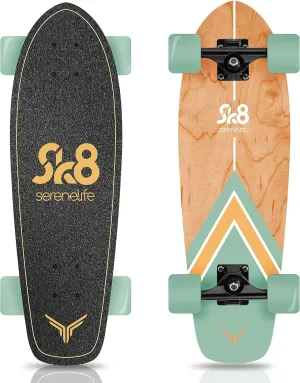 SereneLife Complete Standard Skateboard Mini Cruiser - 6 Ply Canadian & Bamboo Maple Deck Complete Double Kick Skate Board W/ 5" Aluminum Trucks - for Kids, Teens, Adults