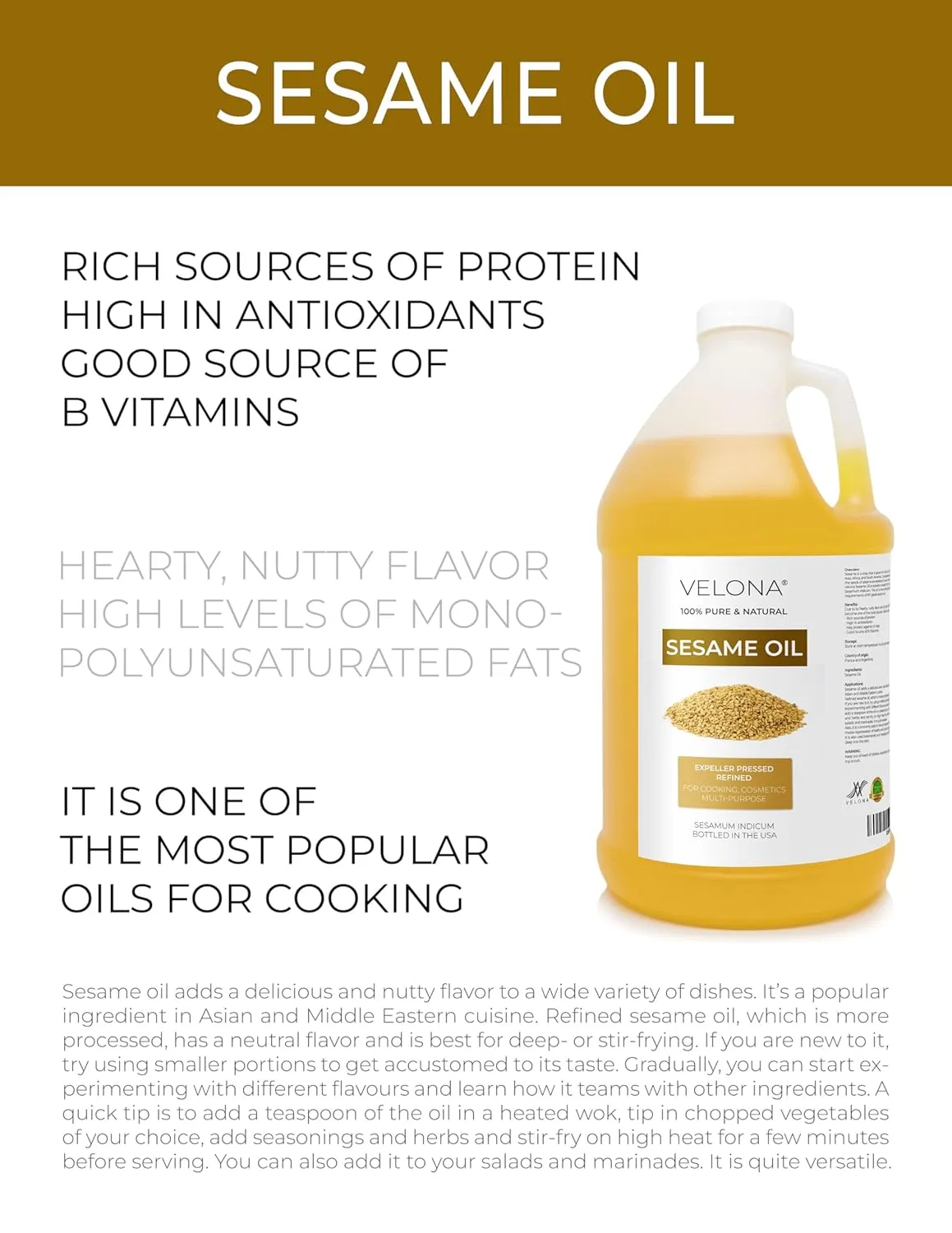Sesame Seed Oil by Velona - 1 Gallon / 128 Fl Oz | 100% Pure and Natural Carrier Oil | Refined, Expeller Pressed | Cooking, Skin, Hair, Body & Face Moisturizing | Use Today - Enjoy Results