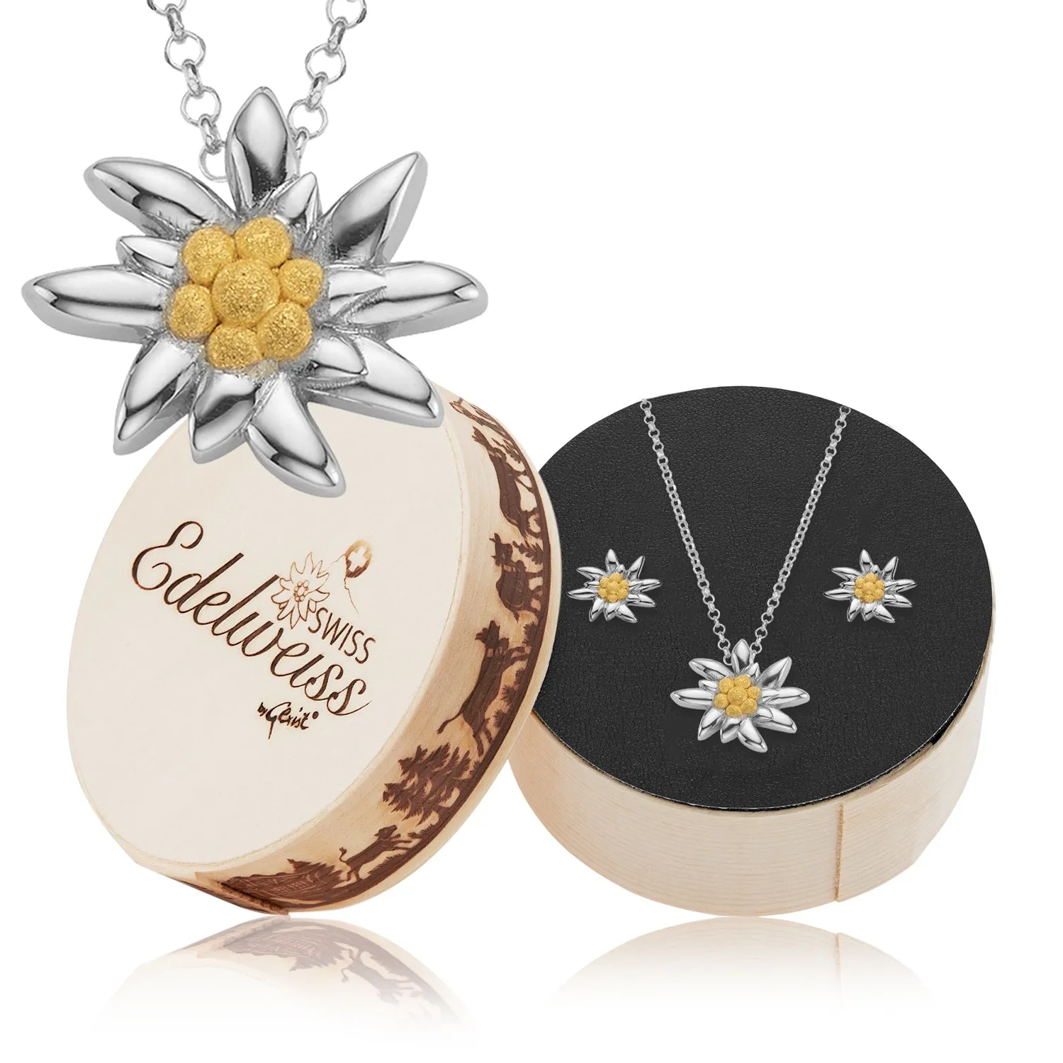 Set of Edelweiss Necklace and Earrings in shiny Bicolor Sterling Silver
