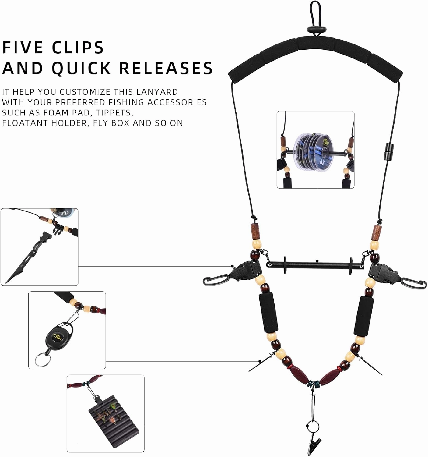 SF Fly Fishing Lanyard Neck unload/Loaded Necklace Adjustable Tool Holder with Foam Neck Strapfor Include Tippet, Plier, Zinger Retractor, Nippers, Hook Sharpener, Fly Patch, Floatant Bottle Holder