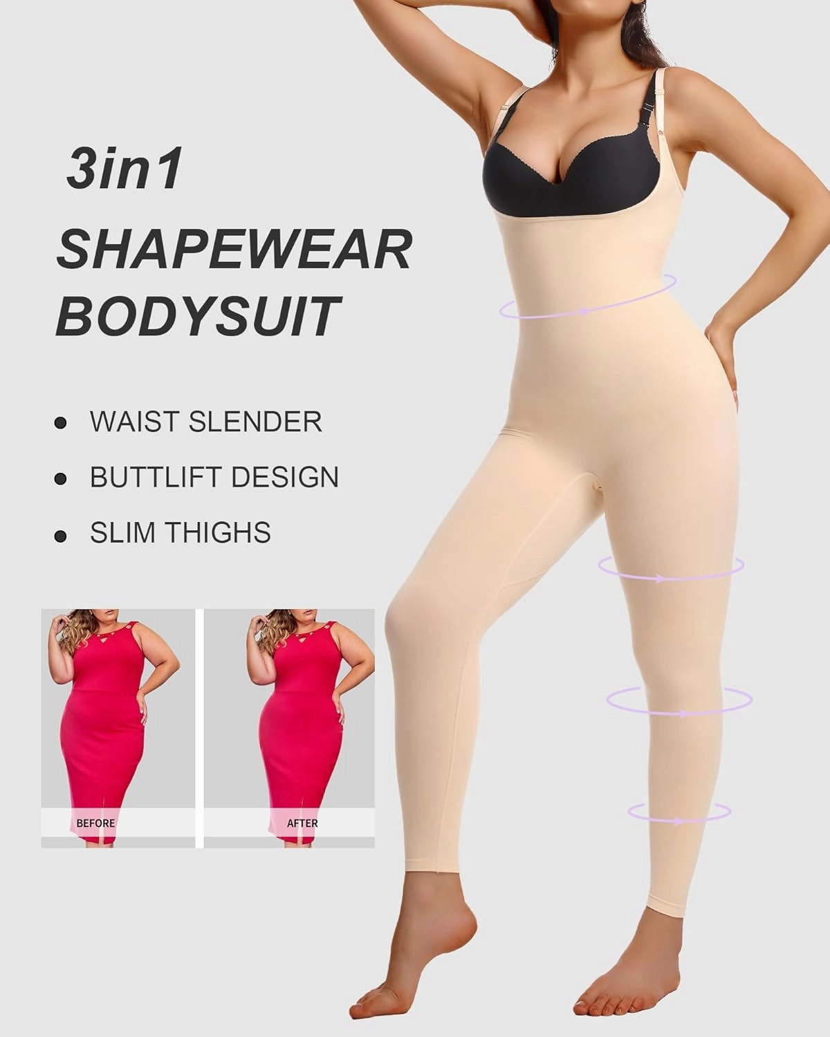 SHAPERX Hourglass Leggings 360 Compression 2 Sizes Look Full Body Shaper Breathable No Roll Down