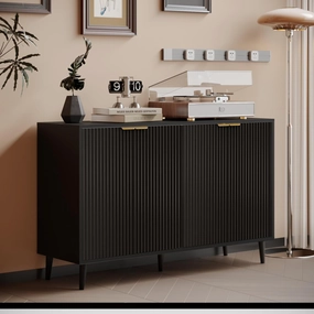 Sideboard - Buffet Cabinet with Storage, Fluted with 4 Doors and Adjustable Shelves, Accent Cabinet with Solid Wood Feet, Sideboard for Kitchen (Black)
