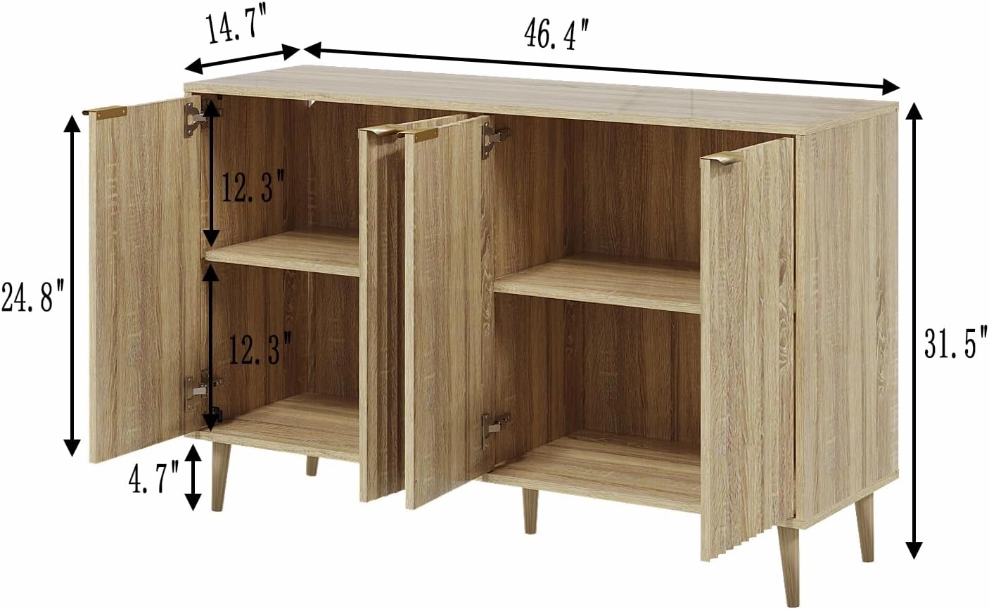 Sideboard - Buffet Cabinet with Storage, Fluted with 4 Doors and Adjustable Shelves, Accent with Solid Wood Feet, Sideboard Cabinet for Kitchen, Natural