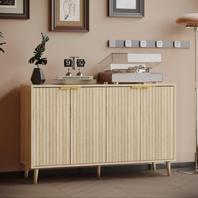 Sideboard - Buffet Cabinet with Storage, Fluted with 4 Doors and Adjustable Shelves, Accent with Solid Wood Feet, Sideboard Cabinet for Kitchen, Natural