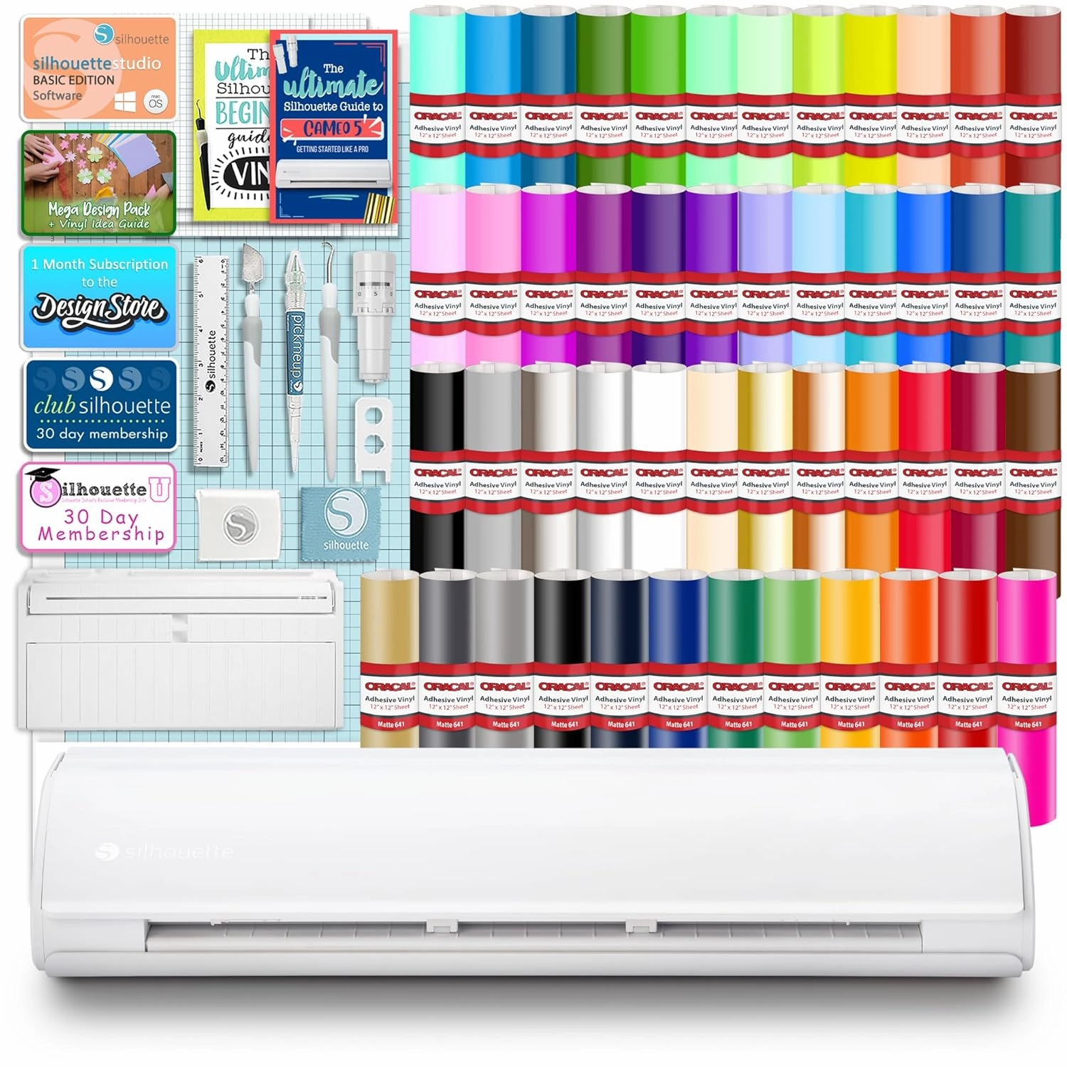 Silhouette Cameo 5 Plus 15in Vinyl Cutter Bundle with Roll Feeder, 64 Premium 651 Vinyl Sheets, Silhouette Design Software, Tools, Guides, Classes, Deisgns, and More