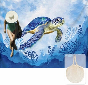 Silky Soft 108"x84" Sand Proof Beach Blanket Sand Proof Mat with Corner Pockets and Fashion Mesh Bag for Beach Party, Travel, Camping and Outdoor Music Festival, Blue Turtle and Coral