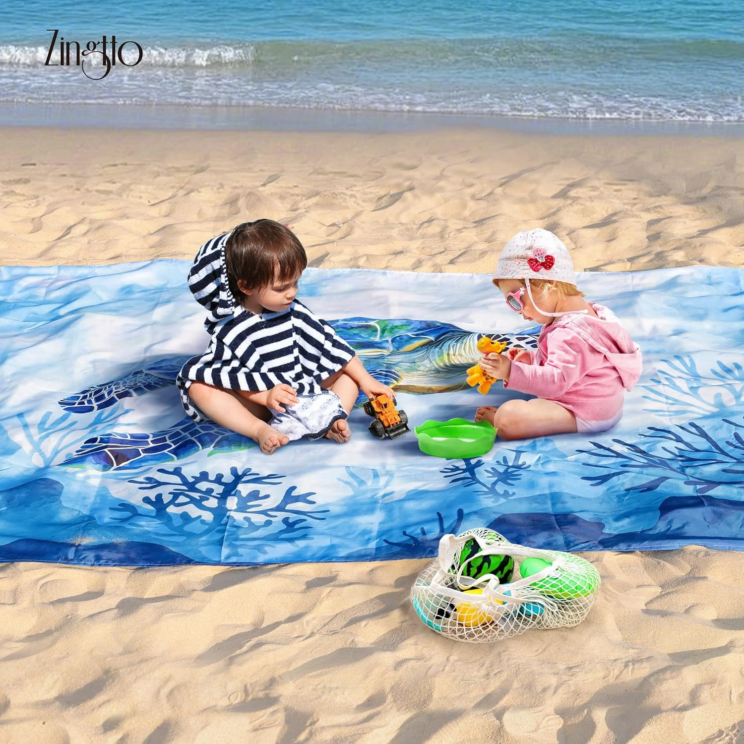 Silky Soft 108"x84" Sand Proof Beach Blanket Sand Proof Mat with Corner Pockets and Fashion Mesh Bag for Beach Party, Travel, Camping and Outdoor Music Festival, Blue Turtle and Coral