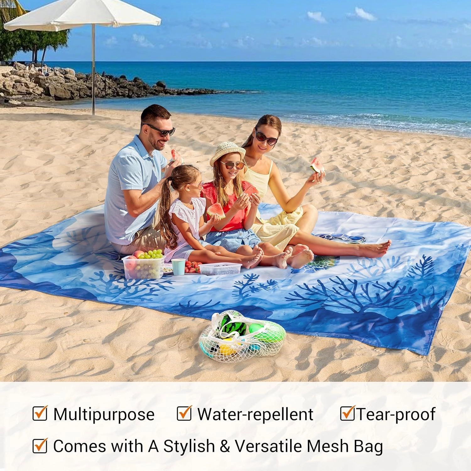 Silky Soft 108"x84" Sand Proof Beach Blanket Sand Proof Mat with Corner Pockets and Fashion Mesh Bag for Beach Party, Travel, Camping and Outdoor Music Festival, Blue Turtle and Coral