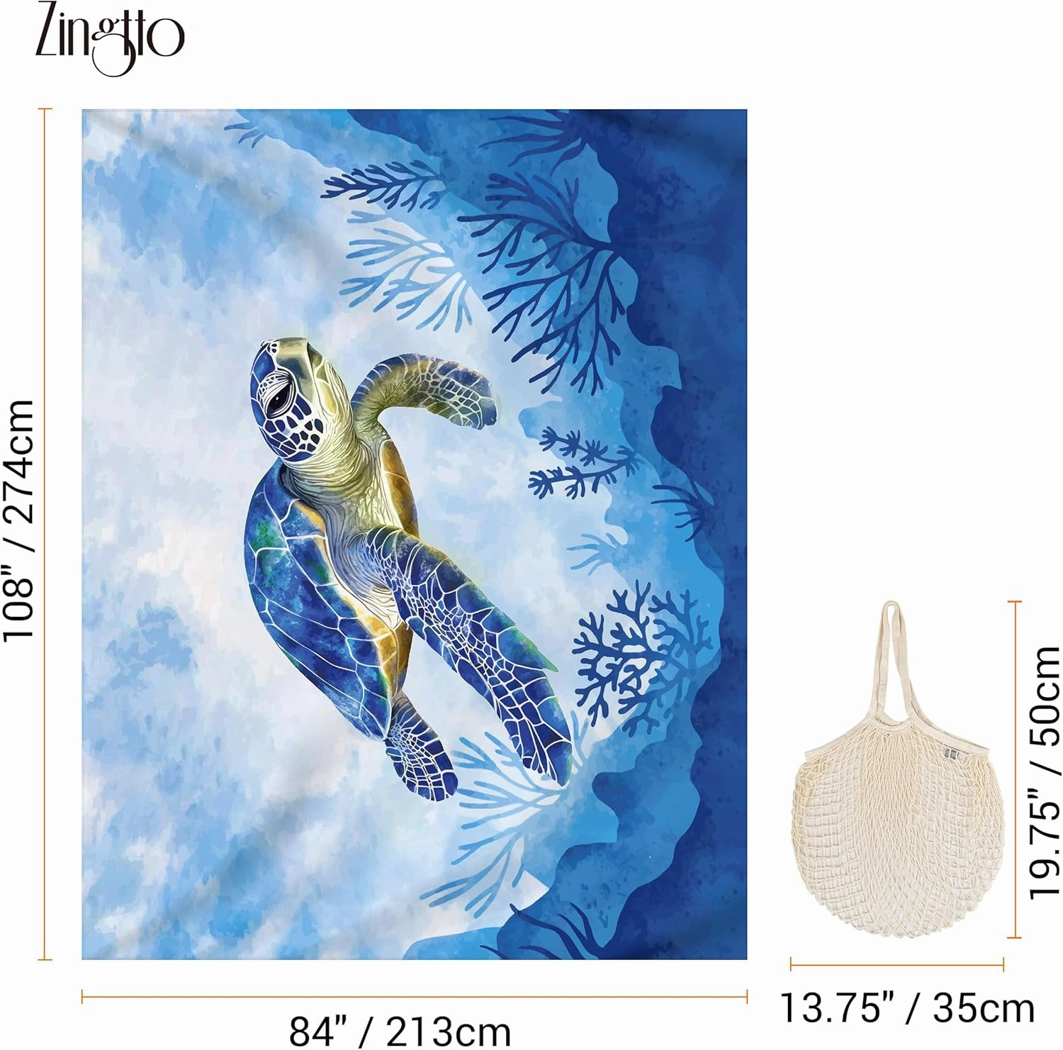 Silky Soft 108"x84" Sand Proof Beach Blanket Sand Proof Mat with Corner Pockets and Fashion Mesh Bag for Beach Party, Travel, Camping and Outdoor Music Festival, Blue Turtle and Coral
