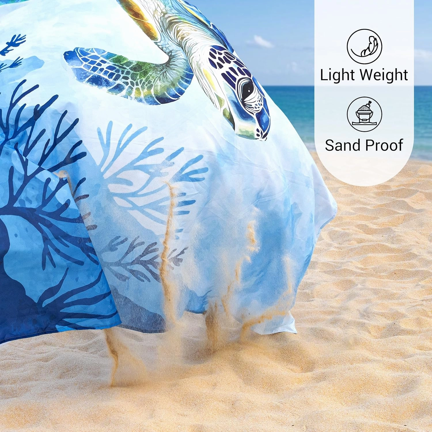 Silky Soft 108"x84" Sand Proof Beach Blanket Sand Proof Mat with Corner Pockets and Fashion Mesh Bag for Beach Party, Travel, Camping and Outdoor Music Festival, Blue Turtle and Coral