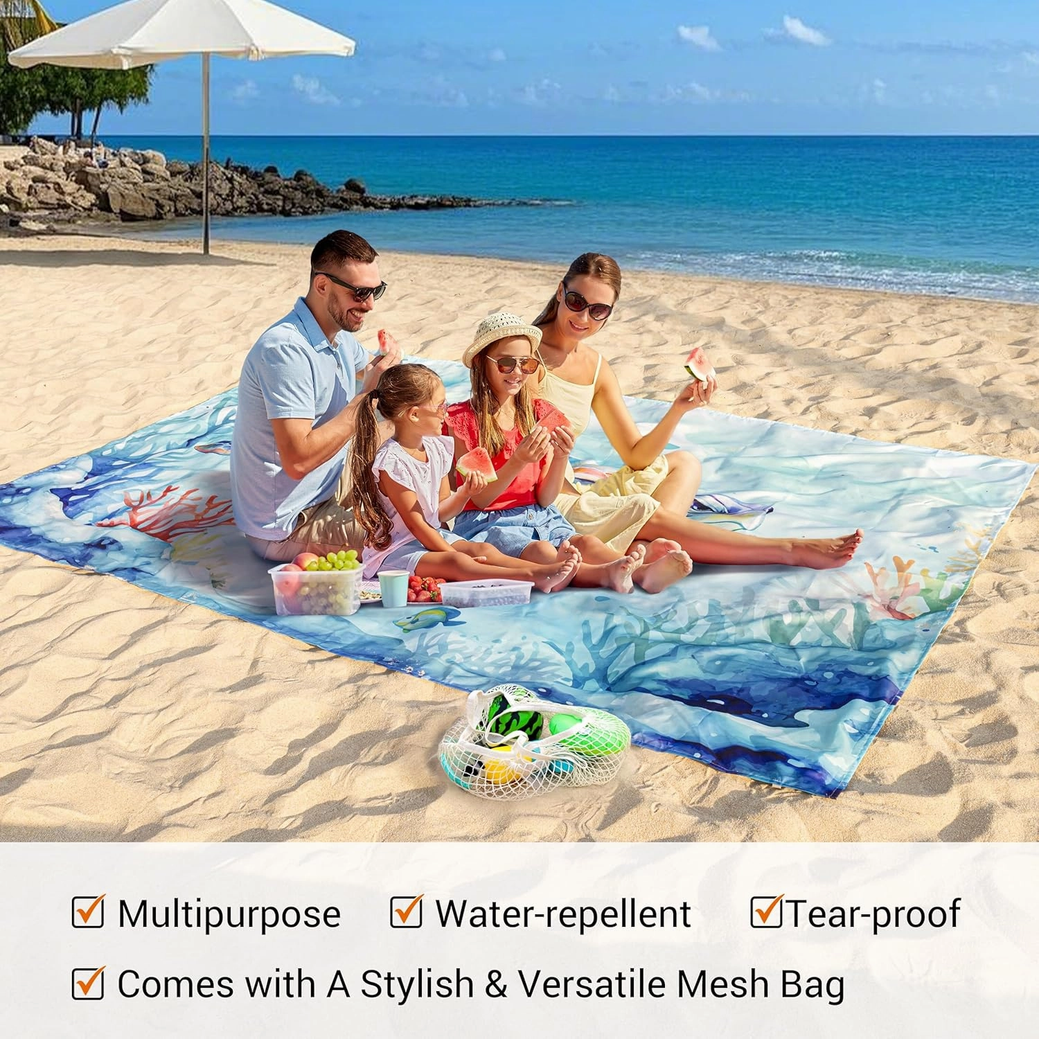 Silky Soft 108"x84" Sand Proof Beach Blanket Sand Proof Mat with Corner Pockets and Fashion Mesh Bag for Beach Party, Travel, Camping and Outdoor Music Festival, Vibrant Turtle and Coral