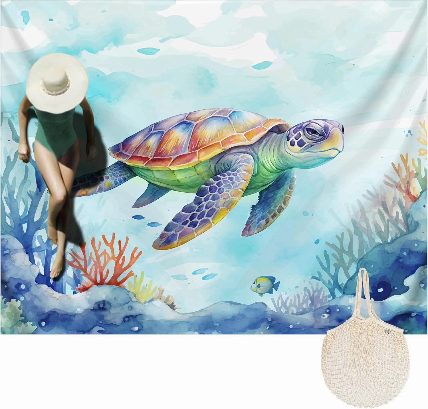 Silky Soft 108"x84" Sand Proof Beach Blanket Sand Proof Mat with Corner Pockets and Fashion Mesh Bag for Beach Party, Travel, Camping and Outdoor Music Festival, Vibrant Turtle and Coral