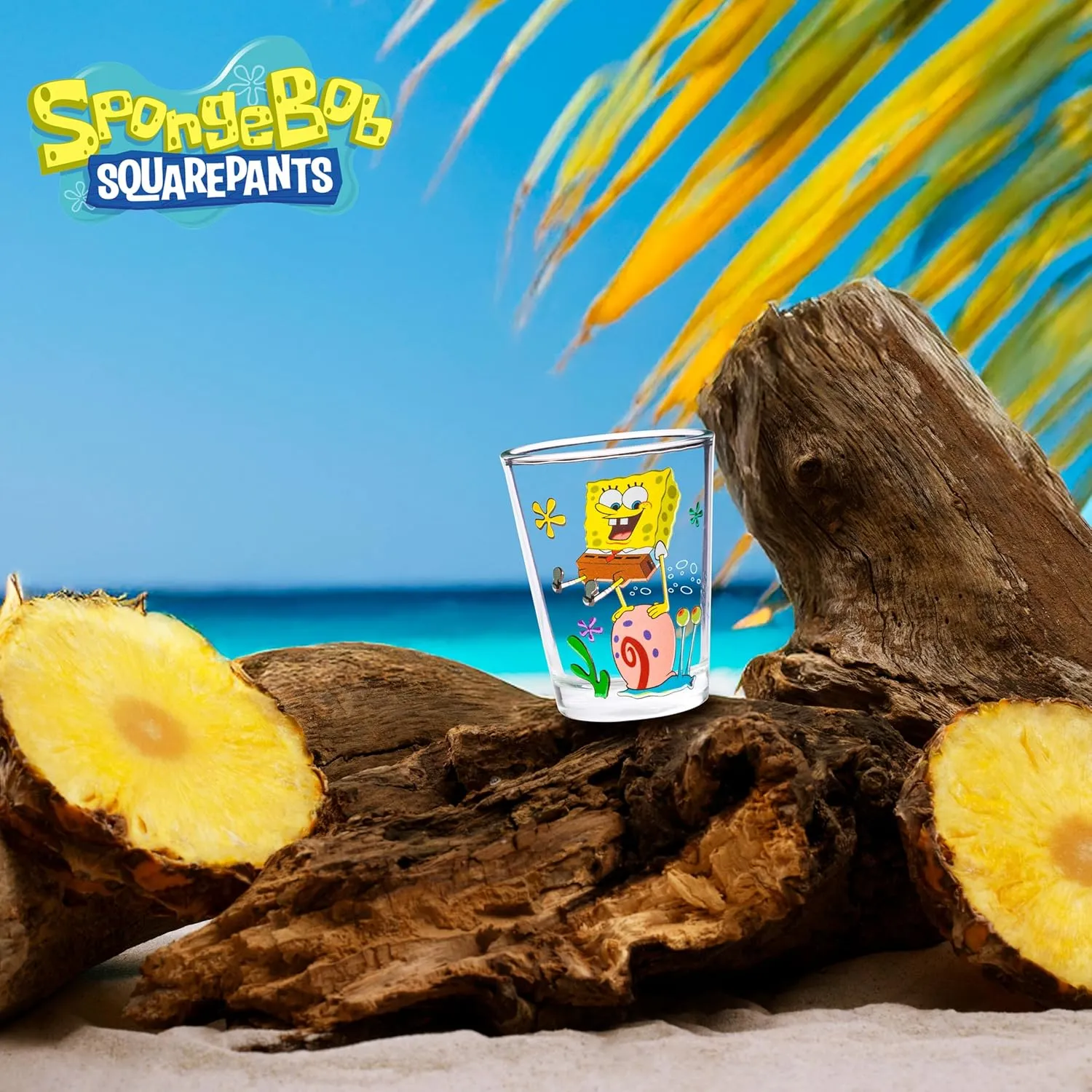 Silver Buffalo SpongeBob SquarePants Featuring Gary Poses Floral Krabby Patty 4 Pack Mini Glass Set, 1.5 Ounces
