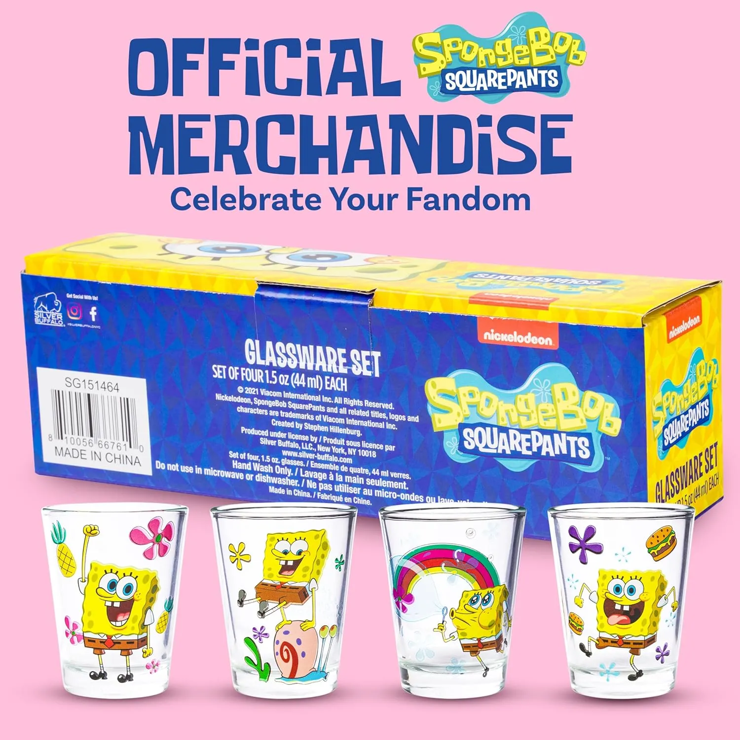 Silver Buffalo SpongeBob SquarePants Featuring Gary Poses Floral Krabby Patty 4 Pack Mini Glass Set, 1.5 Ounces