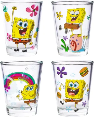 Silver Buffalo SpongeBob SquarePants Featuring Gary Poses Floral Krabby Patty 4 Pack Mini Glass Set, 1.5 Ounces