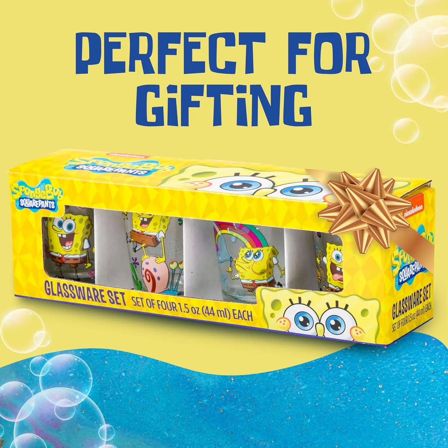 Silver Buffalo SpongeBob SquarePants Featuring Gary Poses Floral Krabby Patty 4 Pack Mini Glass Set, 1.5 Ounces