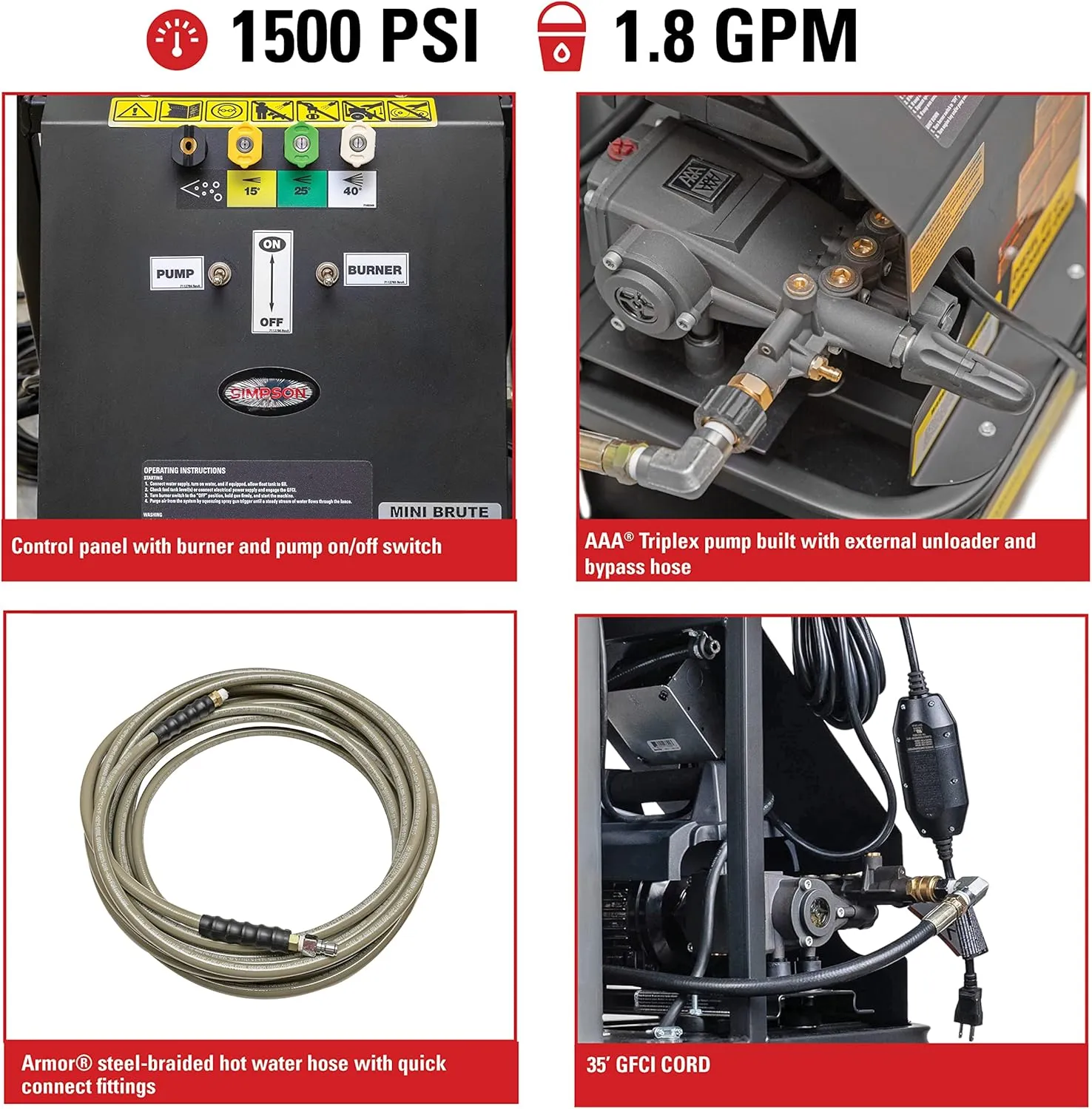 Simpson MB1518 Mini Brute 1500 PSI Hot Water Electric Pressure Washer, 1.8 GPM AAA Plunger Pump, Includes Heat-resistant Spray Gun and Insulated Wand, 4 QC Nozzle Tips, 3/8-in. x 50-ft. Hose