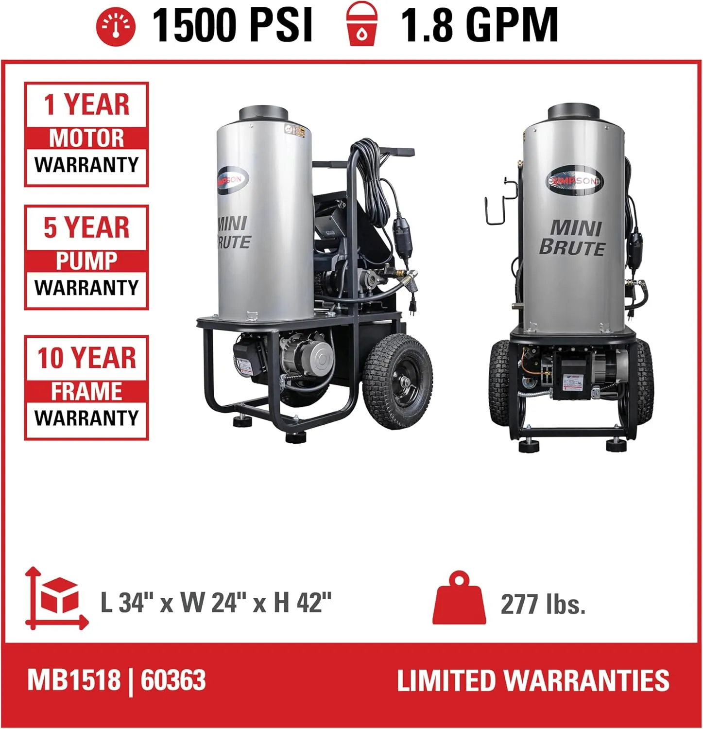 Simpson MB1518 Mini Brute 1500 PSI Hot Water Electric Pressure Washer, 1.8 GPM AAA Plunger Pump, Includes Heat-resistant Spray Gun and Insulated Wand, 4 QC Nozzle Tips, 3/8-in. x 50-ft. Hose