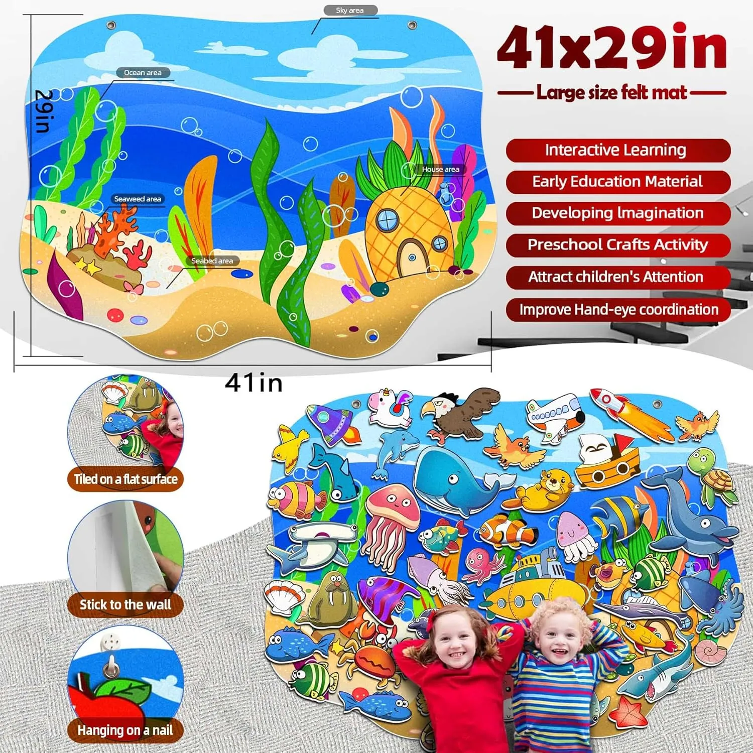 SKOLESK Felt Story Board Set 41x29 inch Flannel Board 75 Pcs Preschool Learning Ocean Themed Toy Interactive Storytelling Teaching Play Activity Kits for Toddlers Kids