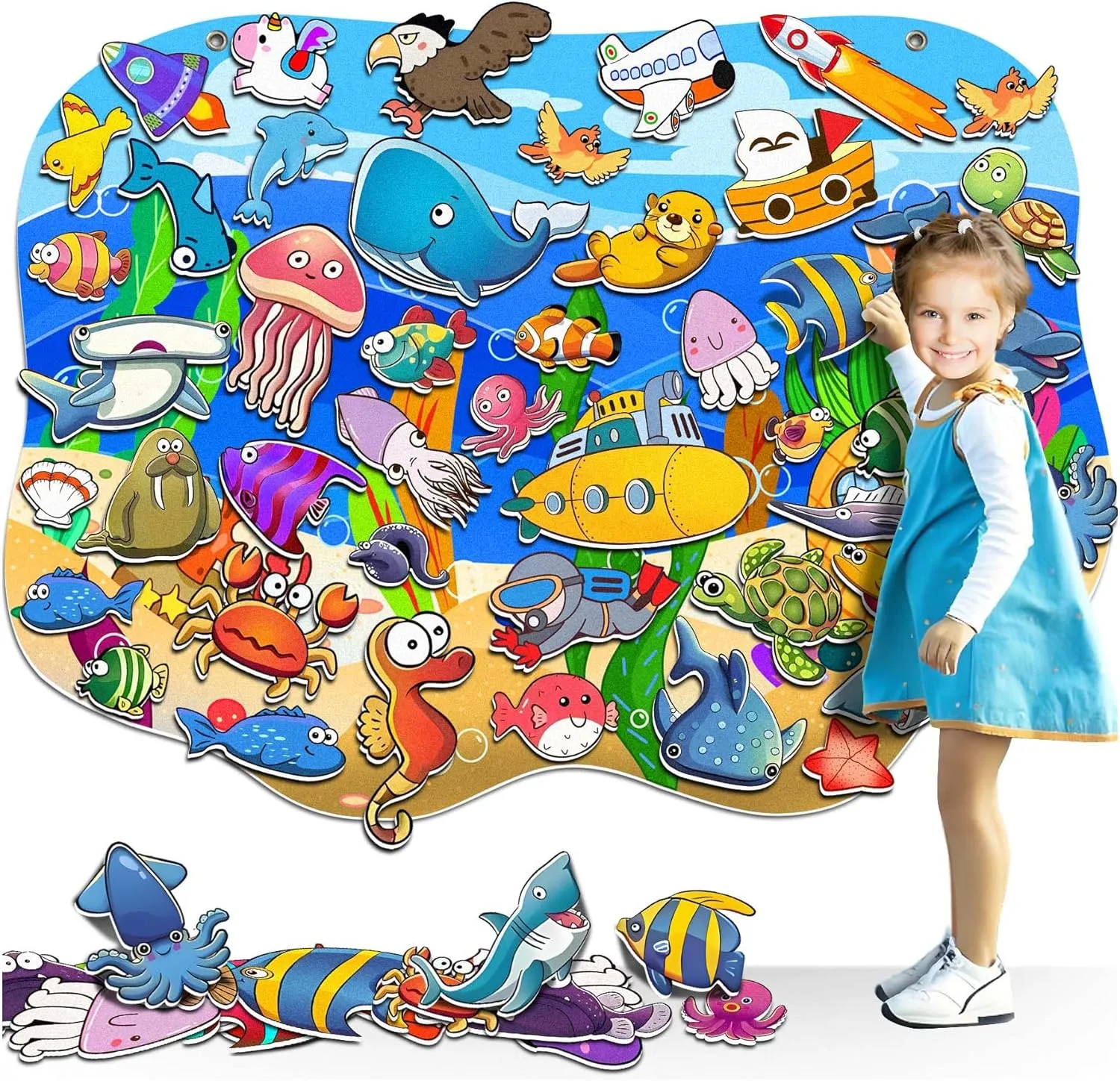 SKOLESK Felt Story Board Set 41x29 inch Flannel Board 75 Pcs Preschool Learning Ocean Themed Toy Interactive Storytelling Teaching Play Activity Kits for Toddlers Kids