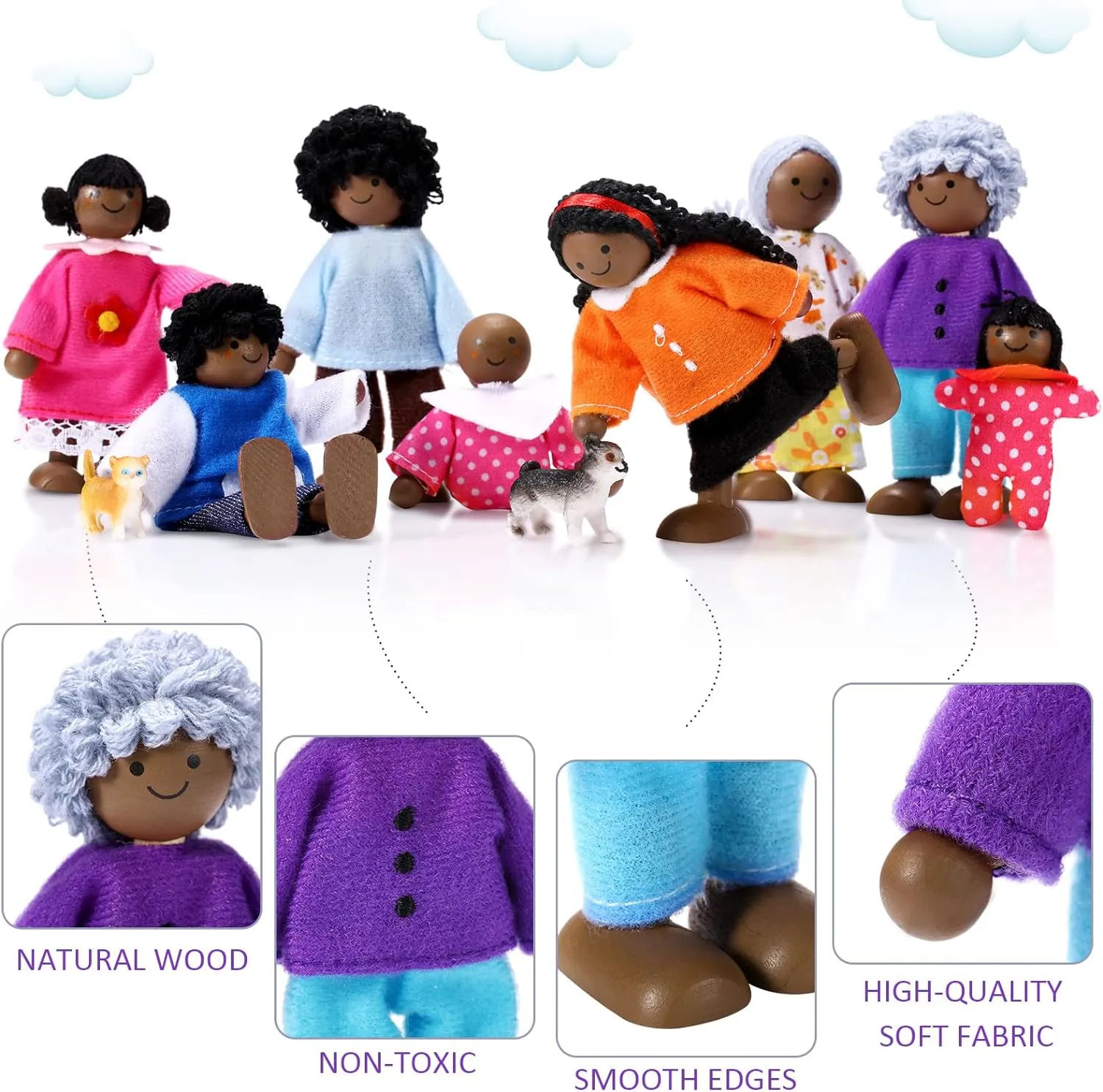 Skylety 10 Pcs Wooden Dollhouse Set of Mini People Figures Dollhouse Dolls Wooden Doll Pretend Play Figures Accessories(Cute Style)