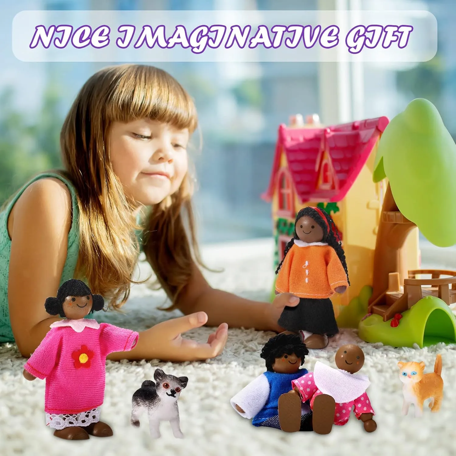Skylety 10 Pcs Wooden Dollhouse Set of Mini People Figures Dollhouse Dolls Wooden Doll Pretend Play Figures Accessories(Cute Style)