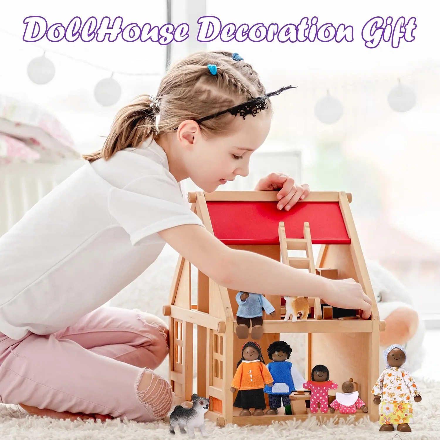 Skylety 10 Pcs Wooden Dollhouse Set of Mini People Figures Dollhouse Dolls Wooden Doll Pretend Play Figures Accessories(Cute Style)