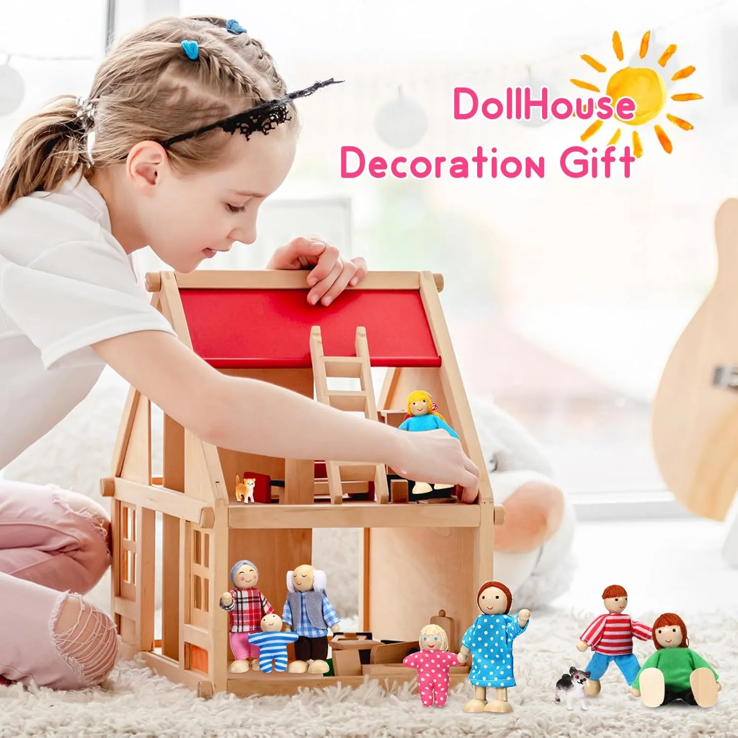 Skylety 10 Pcs Wooden Dollhouse Set of Mini People Figures Dollhouse Dolls Wooden Doll Pretend Play Figures Accessories(Pretty Style)