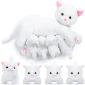Skylety Nurturing Cat Stuffed Animal with 4 Plush Kittens, Cat Baby Stuffed for Girls and Boys Plushy Mommy Kitty with Baby Kittens for Birthday Party Favors Gifts(Warm Style)